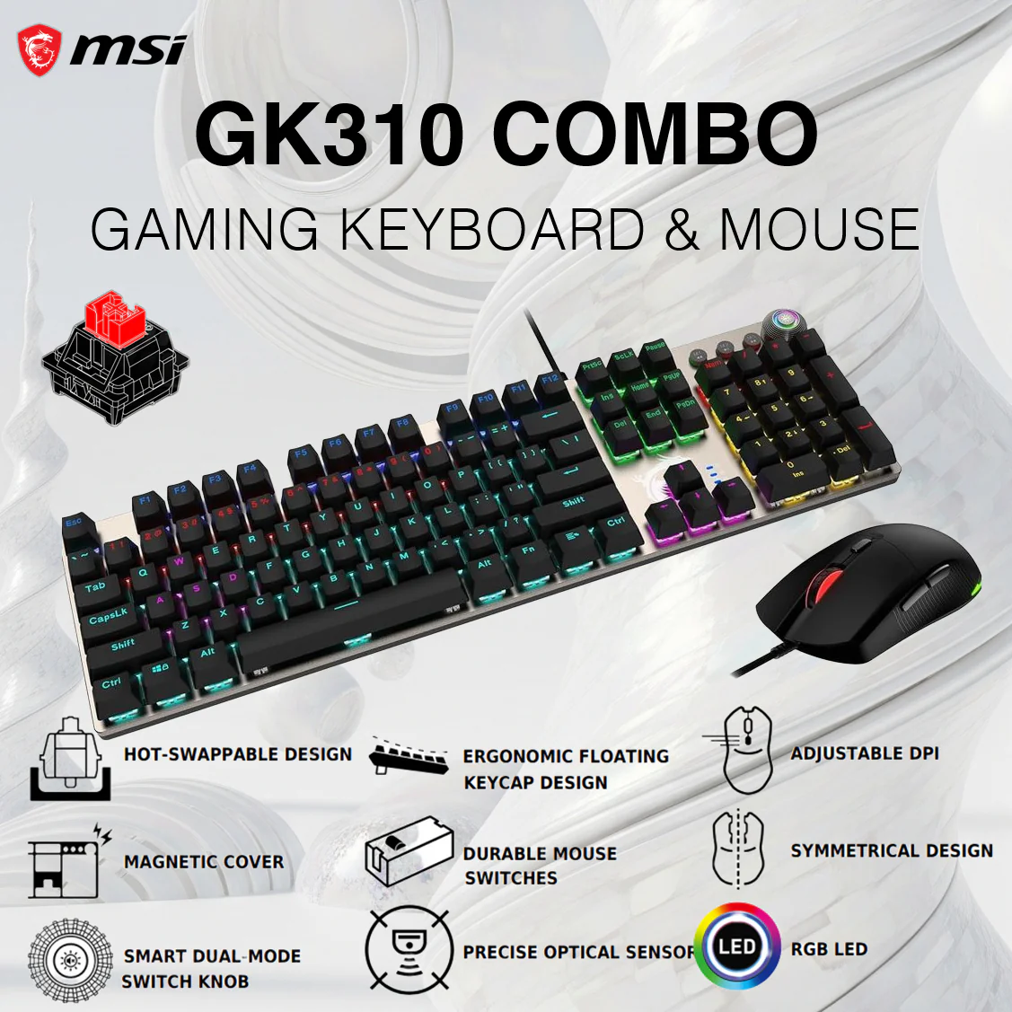 OS1-8ZA8049-000 MSI FORGE GK310 COMBO RED AR GAMING KEYBOARD+MOUSE MSI Forge GK310 Combo – Mechanical Red Switches Keyboard & 7200 DPI RGB Mouse , Hot-Swappable , Dual-Mode Control , 20+13 RGB Effects , 60M Keystrokes , 6-Key / N-Key Rollover , ENGLISH/ARABIC 