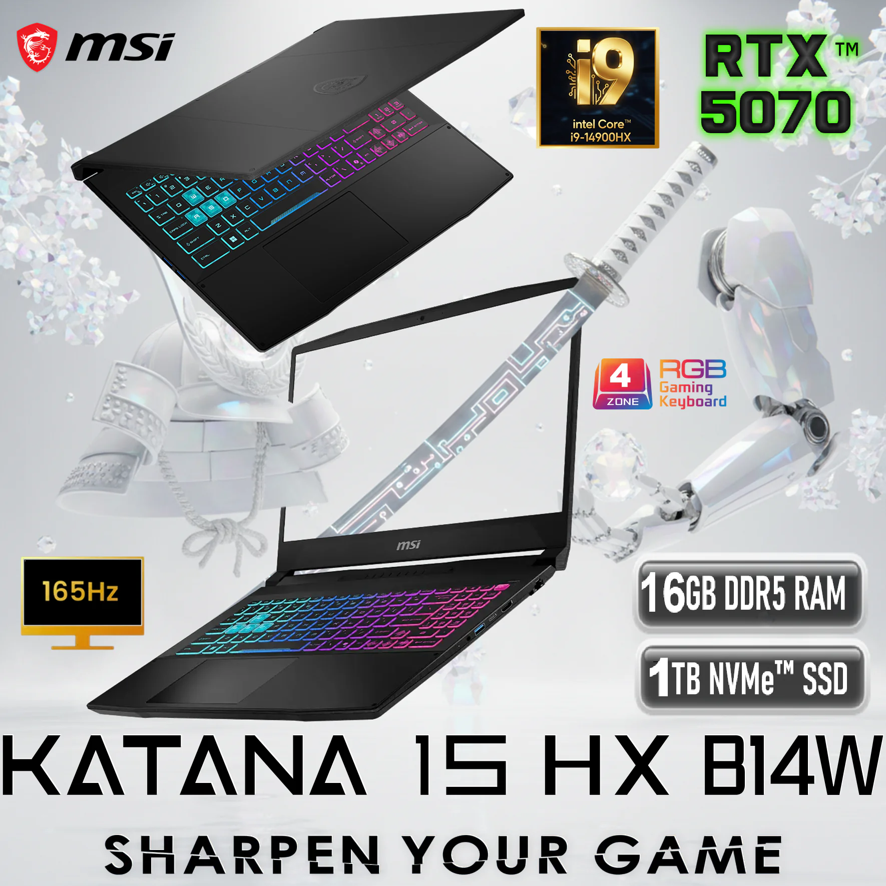 9S7-1587C1-404 MSI KATANA 15 HX B14WGK-404XLB i9-14900HX/16GB DD5 RAM/RTX 5070 DDR7 8GB /15.6"QHD/DOS MSI Katana 15 HX B14WGK Intel® Core i9-14900HX | 16GB DDR5 RAM ; 1TB NVMe SSD | RTX™ 5070 , 8GB | 15.6" QHD (2560x1440), 165Hz, IPS  Display | 4-Zone RGB Backlit Keyboard EN/AR | DOS | BLACK
