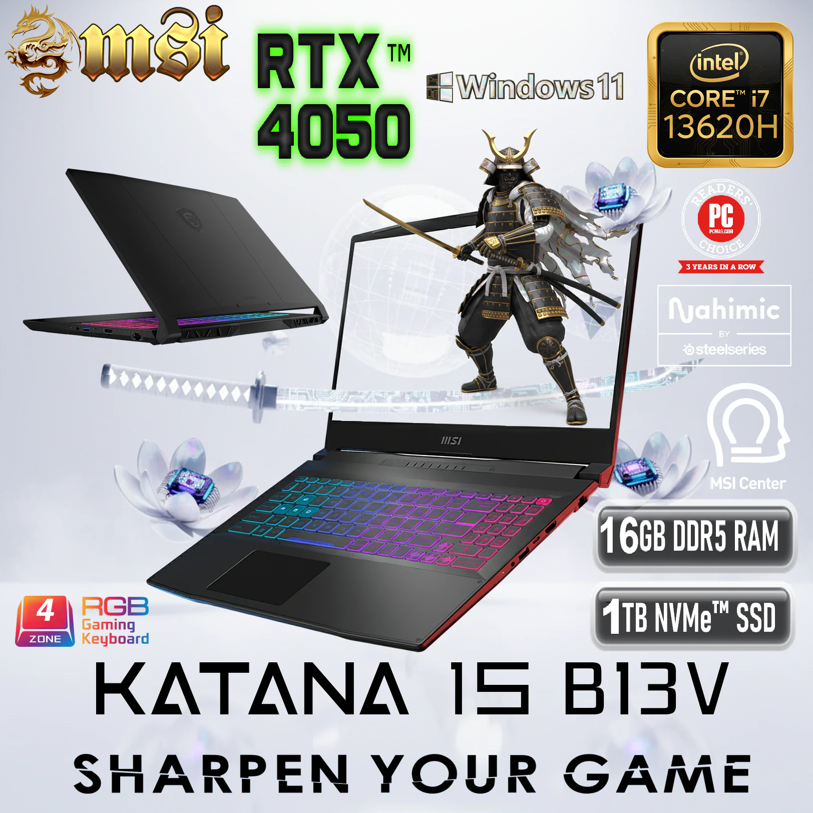 9S7-158571-2418 MSI KATANA 15 B13VEK-2418AU I7-13620H/16GB RAM/1TB SSD/15.6" FHD 144HZ/RTX 4050 6GB/WIN11 MSI KATANA 15 B13VEK Intel® Core i7-13620H | 16GB DDR5 RAM , 1TB NVMe SSD | GeForce RTX 4050 (6GB) | 15.6-inch FHD, IPS-Display 144Hz | 4 Zone RGB Keyboard | Windows 11 | BLACK