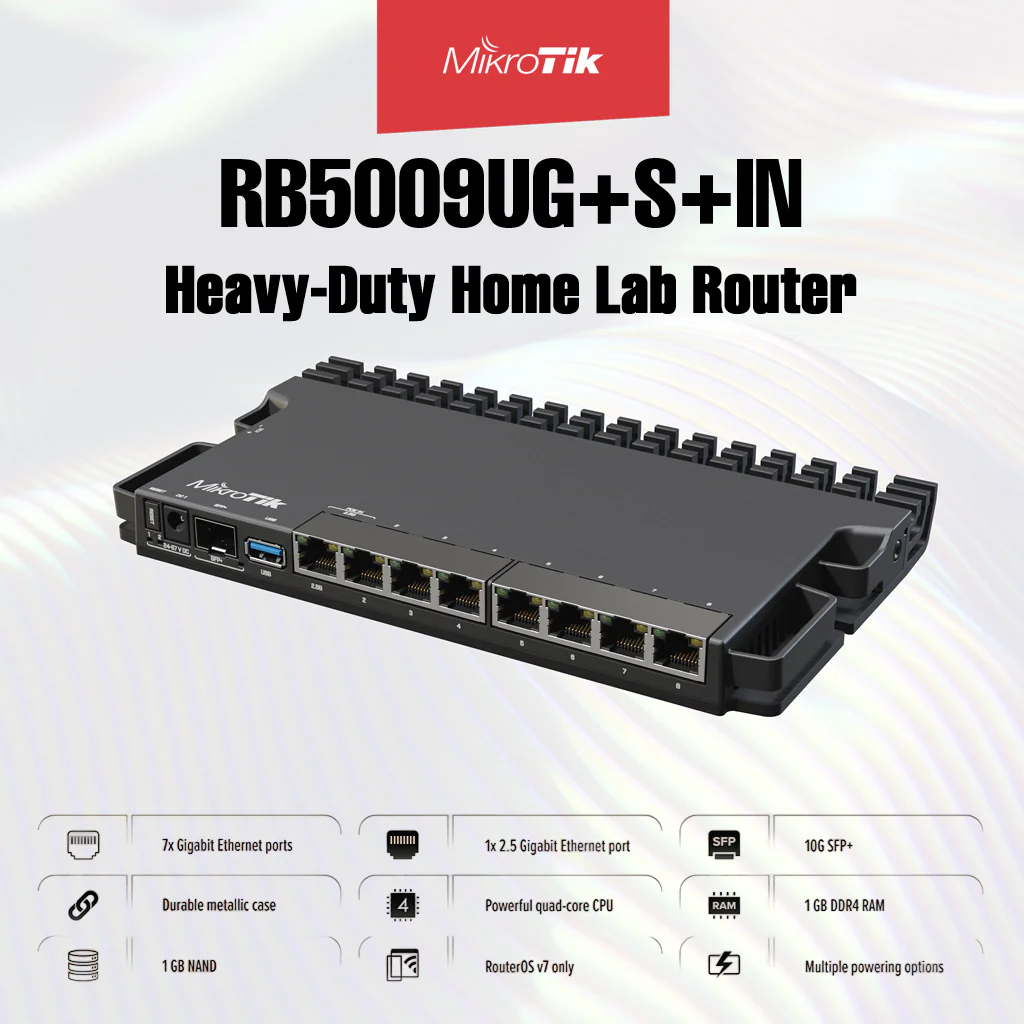 RB5009UG+S+IN MIKTORIK RB5009UG+S+IN MikroTik RB5009UG+S+IN Heavy-Duty Home Lab Router - Quad-Core ARM 1.4GHz , 9 Wired Ports , 10G SFP+ , 1GB DDR4 RAM , Triple Power Input , Rackmount Ready
