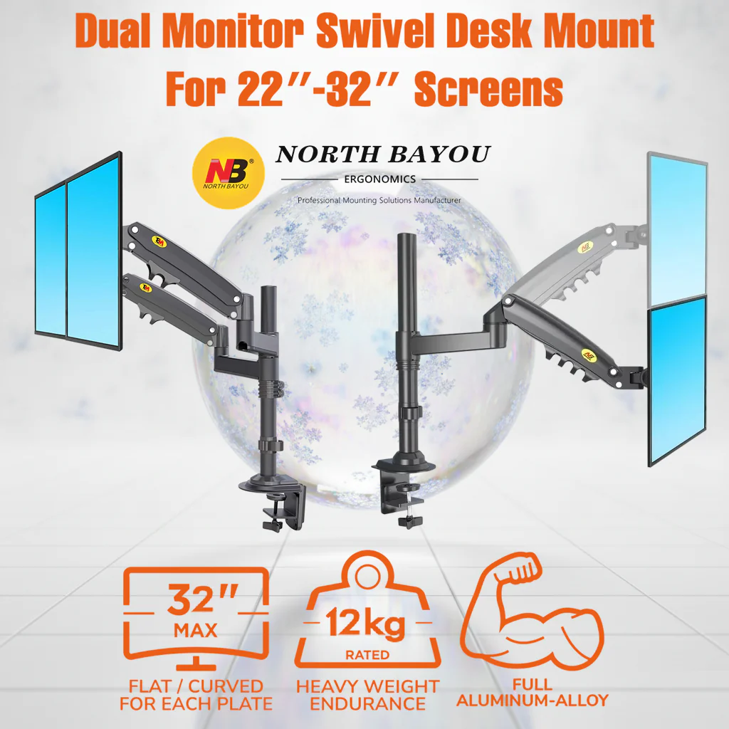 NB-H180 22-32'' Dual LCD TV Pole Mounting Computer Monitor Desk Rack Mount NB North Bayou H180 Full Motion Monitor Desk Mount Arm for 22″–32″ Screens , up to 12kg Per Monitor Load Capacity , (Tilt, Swivel, Rotate) , Cable Management , Clamp & Grommet Mount
