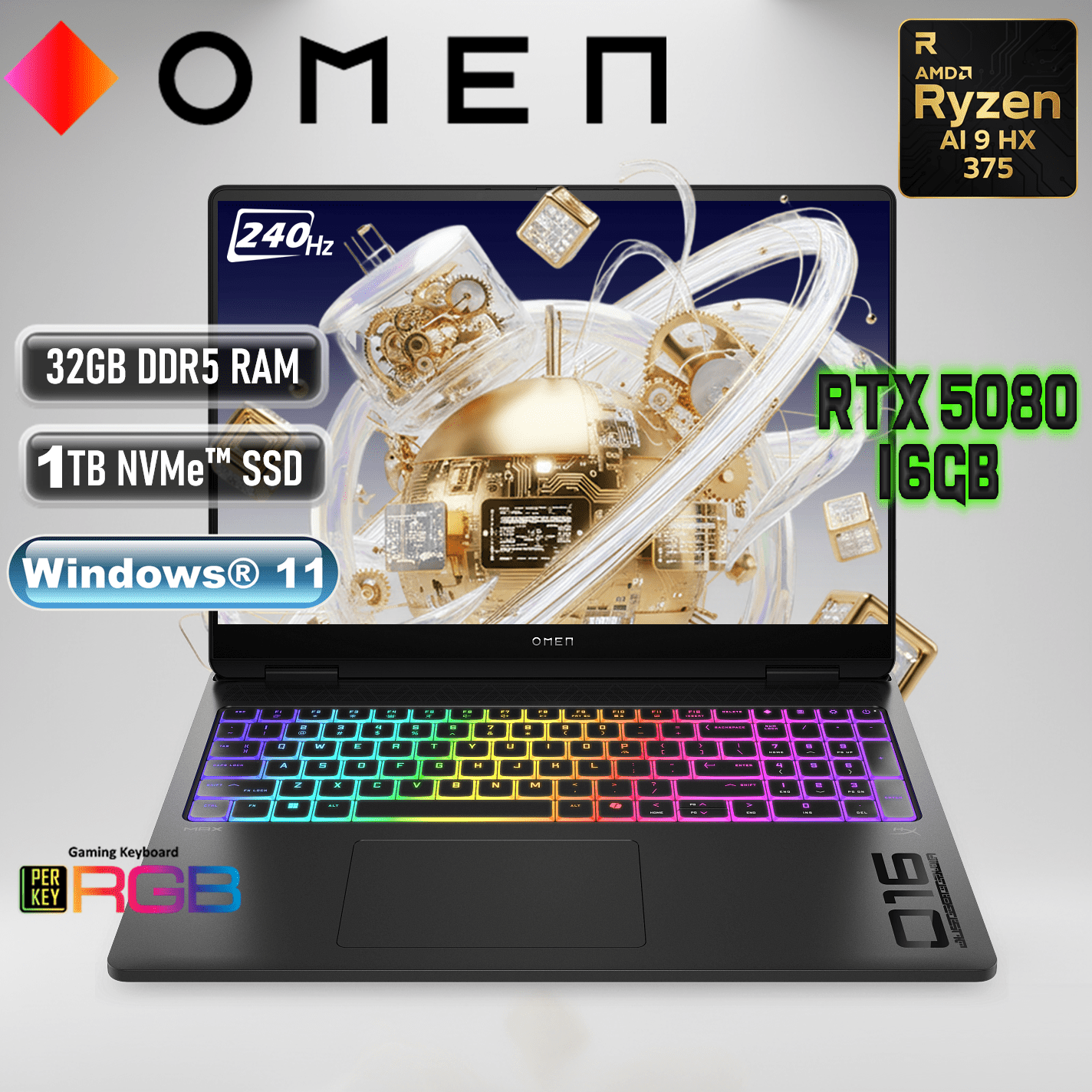 OMEN MAX 16-ak0003nr 16 inch Gaming Laptop, AMD Ryzen AI 9 HX 375 12-Core, NVIDIA RTX 5080 16GB C42CFUA#ABA HP OMEN MAX 16 RYZEN AI 9 HX/32GB/1TB/16" 240HZ/5080 16GB/WIN11 HP OMEN MAX 16 AMD Ryzen AI 9 HX 375 | 32GB DDR5 RAM , 1TB NVMe SSD | RTX 5080 (16GB) | 16 inch WQXGA 240Hz 3ms IPS Display | NKRO Per Key RGB Backlit Keyboard | Windows 11 | SHADOW BLACK ~ 16-ak0003nr