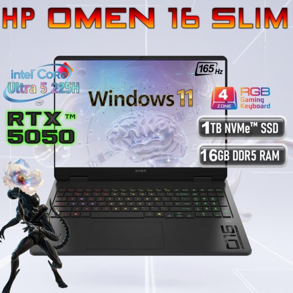 C0SX3UA#ABA HP OMEN 16-AN0027 SLIM CORE ULTRA 5 225H/16GB/1TB/5050 8GB/WIN 11/ hp OMEN 16 Slim Intel® Core™ Ultra 5 225H | 16GB DDR5 RAM , 1TB NVMe® SSD | RTX 5050 (8GB) | 16-inch IPS 165Hz Display | 4-zone RGB Backlit Keyboard | Windows 11 | SHADOW BLACK ~ 16-an0027wm