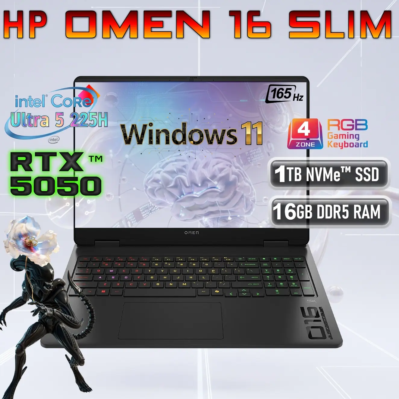 C0SX3UA#ABA HP OMEN 16-AN0027 SLIM CORE ULTRA 5 225H/16GB/1TB/5050 8GB/WIN 11/ hp OMEN 16 Slim Intel® Core™ Ultra 5 225H | 16GB DDR5 RAM , 1TB NVMe® SSD | RTX 5050 (8GB) | 16-inch IPS 165Hz Display | 4-zone RGB Backlit Keyboard | Windows 11 | SHADOW BLACK ~ 16-an0027wm