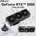 VCG508016TFXPB1 PNY RTX 5080 16GB GDDR7 STEALTH MODE TRIPLE FAN PNY GeForce RTX 5080 16GB Triple Fan GPU – 10,752 CUDA Cores, 2295 MHz Base / 2617 MHz Boost, 30 Gbps GDDR7, PCIe 5.0, 256-bit, 960 GB/s, DLSS 4, Blackwell Architecture