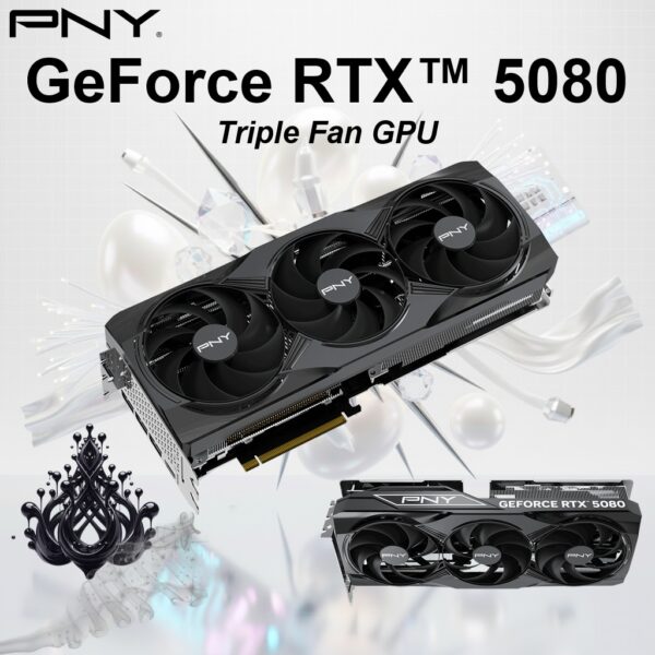 VCG508016TFXPB1 PNY RTX 5080 16GB GDDR7 STEALTH MODE TRIPLE FAN PNY GeForce RTX 5080 16GB Triple Fan GPU – 10,752 CUDA Cores, 2295 MHz Base / 2617 MHz Boost, 30 Gbps GDDR7, PCIe 5.0, 256-bit, 960 GB/s, DLSS 4, Blackwell Architecture
