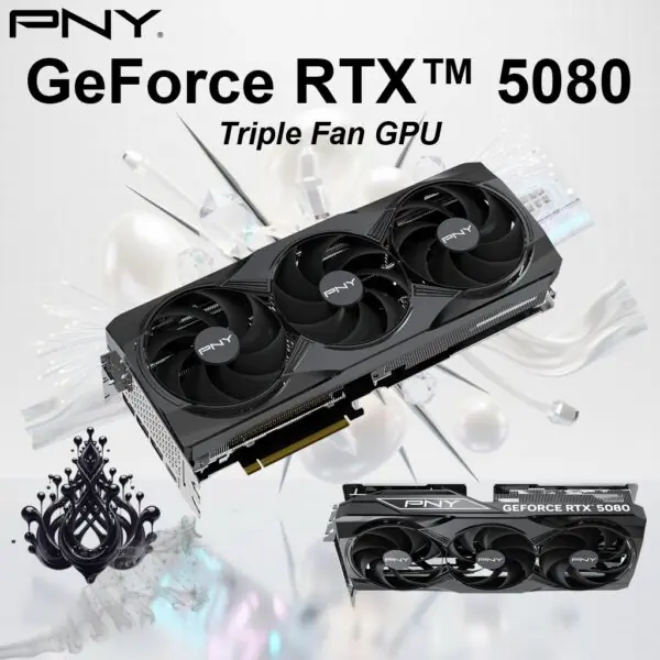 VCG508016TFXPB1 PNY RTX 5080 16GB GDDR7 STEALTH MODE TRIPLE FAN PNY GeForce RTX 5080 16GB Triple Fan GPU – 10,752 CUDA Cores, 2295 MHz Base / 2617 MHz Boost, 30 Gbps GDDR7, PCIe 5.0, 256-bit, 960 GB/s, DLSS 4, Blackwell Architecture