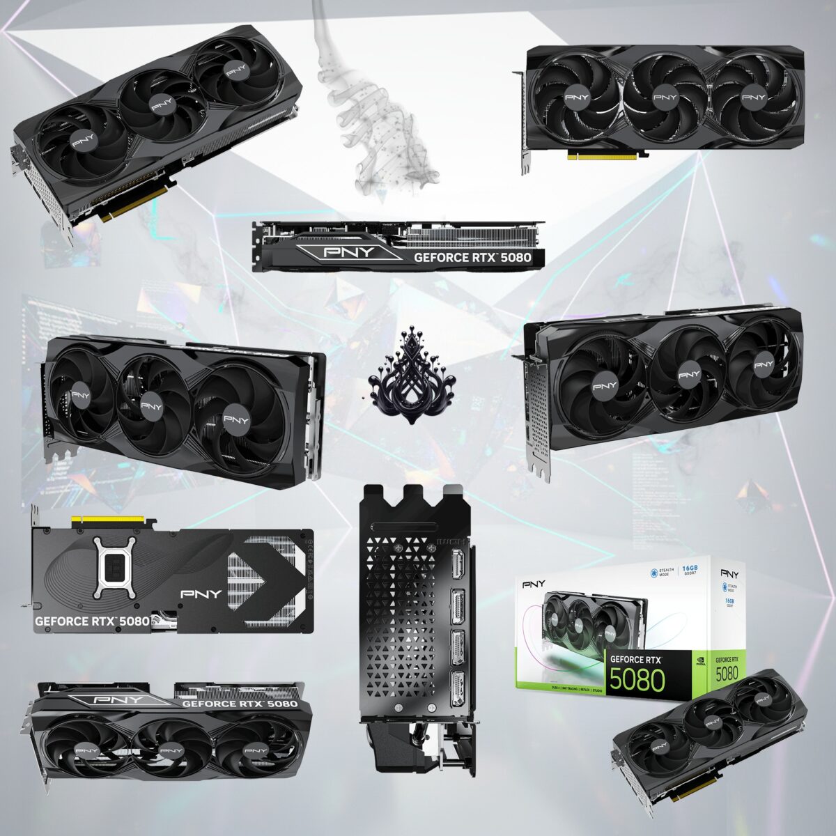 VCG508016TFXPB1 PNY RTX 5080 16GB GDDR7 STEALTH MODE TRIPLE FAN PNY GeForce RTX 5080 16GB Triple Fan GPU – 10,752 CUDA Cores, 2295 MHz Base / 2617 MHz Boost, 30 Gbps GDDR7, PCIe 5.0, 256-bit, 960 GB/s, DLSS 4, Blackwell Architecture