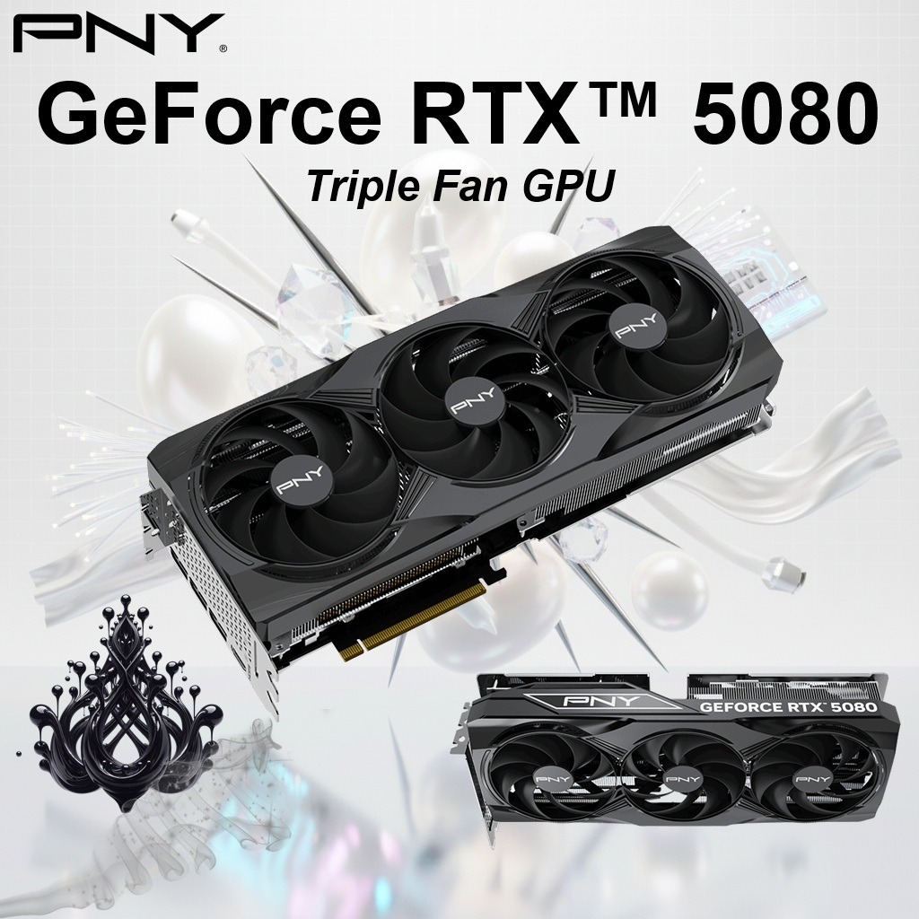 VCG508016TFXPB1 PNY RTX 5080 16GB GDDR7 STEALTH MODE TRIPLE FAN PNY GeForce RTX 5080 16GB Triple Fan GPU – 10,752 CUDA Cores, 2295 MHz Base / 2617 MHz Boost, 30 Gbps GDDR7, PCIe 5.0, 256-bit, 960 GB/s, DLSS 4, Blackwell Architecture