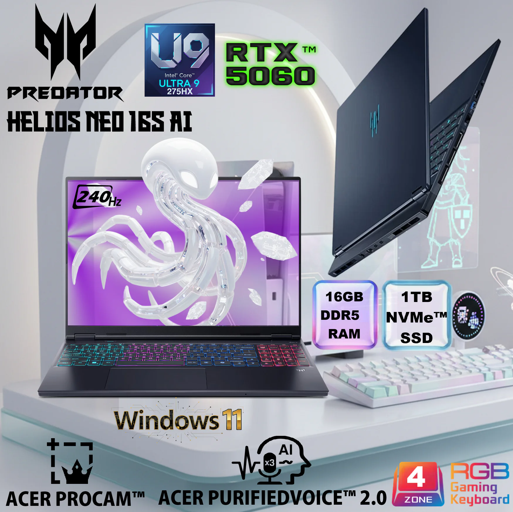 NH.QZSAA.001 ACER PREDATOR HELIOS NEO 16S AI ULTRA 9 275HX/16GB RAM /1TB SSD/16" QHD 2.5K OLED 240HZ/RT PREDATOR HELIOS NEO 16S AI Intel® Core Ultra 9 Processor 275HX | 16GB DDR5 ; 1TB NVMe SSD | 16 inch DCI-p3 OLED 240Hz Display | RTX 5060 (8GB) |  4-ZONE RGB Backlit Keyboard | Windows 11 | Obsidian Black  PHN16S-71-91AW