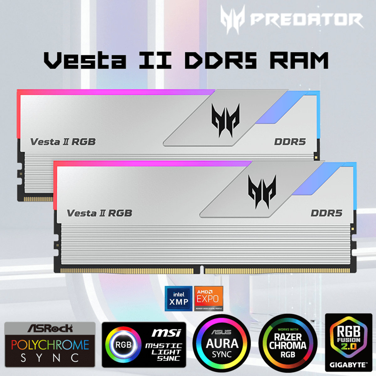 Predator Vesta II DDR5 RAM Memory WHITE BL.9BWWR.653 RAM ACER PREDATOR VESTA II DDR5 RGB 32GB (16X2) SILVER CL36 Acer Predator Vesta II DDR5 6000MHz 32GB Kit (16GBx2) RGB RAM CL36 1.35V , Intel XMP 3.0 & AMD EXPO Compatible Computer Memory PC5-48000 | SILVER ~ BL.9BWWR.653