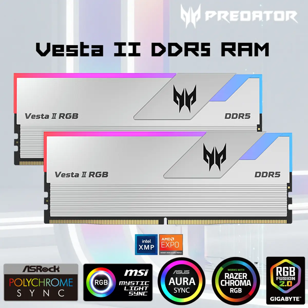 BL.9BWWR.653 RAM ACER PREDATOR VESTA II DDR5 RGB 32GB (16X2) SILVER CL36 Acer Predator Vesta II DDR5 6000MHz 32GB Kit (16GBx2) RGB RAM CL36 1.35V , Intel XMP 3.0 & AMD EXPO Compatible Computer Memory PC5-48000 | SILVER ~  BL.9BWWR.653