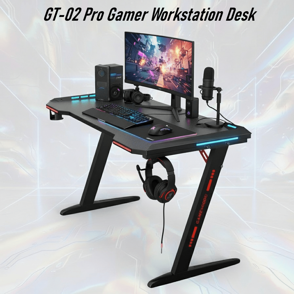 DESK-GT-02 GAMING DESK GT 02 810x700x150MM GT-02 Z-Shaped RGB Gaming Desk – 140×60×73 cm Carbon-Fibre Surface, Dual Cable Grommets, Cup & Headphone Holders, Steel Frame Stability, Customizable RGB Edge Lighting , Foldable & Compact GT-02 RGB Gaming Table – 140×60cm Carbon Fiber Surface, Z-Shaped Metal Frame, RGB LED Lights, Cup Holder, Headset Hook, Dual Cable Ports, Steel Frame Stability, Customizable RGB Edge Lighting , Foldable & Compact