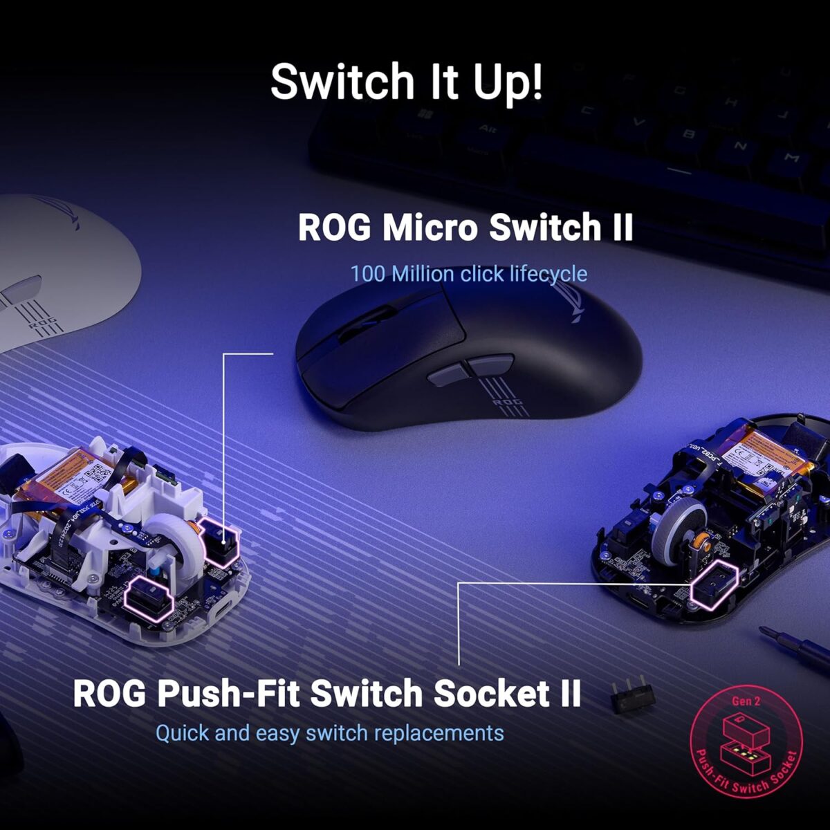 90MP04A0-BMAA00 ASUS ROG KERIS II ORIGIN P722 RGB MOUSE ASUS ROG Keris II Origin Wireless Gaming Mouse – Right-Handed Ergonomic, 65g, Tri-Mode Connectivity, 42K DPI, up to 127Hr Battery, ROG AimPoint Pro Sensor RGB 3-Zone Lighting 8000Hz Polling Rate Paracord PTFE Feet, Web-Based Configuration, PC/Mac Support | BLACK ~ 90MP04A0-BMAA00