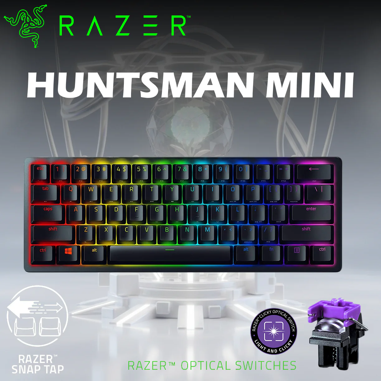 RZ03-03390100-R3M1 RAZER HUNTSMAN MINI 60% OPTICAL GAMING KEYBOARD Razer Huntsman Mini 60% Optical Gaming Keyboard: Razer Light & Clicky Optical Purple Switches, Doubleshot PBT Keycaps, Detachable USB-C, Onboard Memory & Chroma RGB Lighting | BLACK 