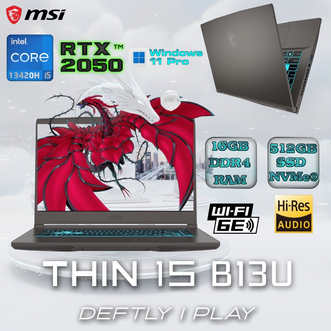 9S7-16R831-2256 MSI THIN 15 B13UCX-2256XAE i5-13420H/16GB RAM/512GB SSD/RTX2050 4GB/15.6" FHD/144Hz/WIN11 MSI Thin 15 B13UCX  Intel® Core i5-13420H | 16GB DDR4 RAM ; 512GB NVMe SSD | RTX 2050 4GB | 15.6" FHD IPS 144Hz Display | Windows 11 Pro   | Blue Backlit Keyboard with Anti-Ghost key | Cosmos Gray