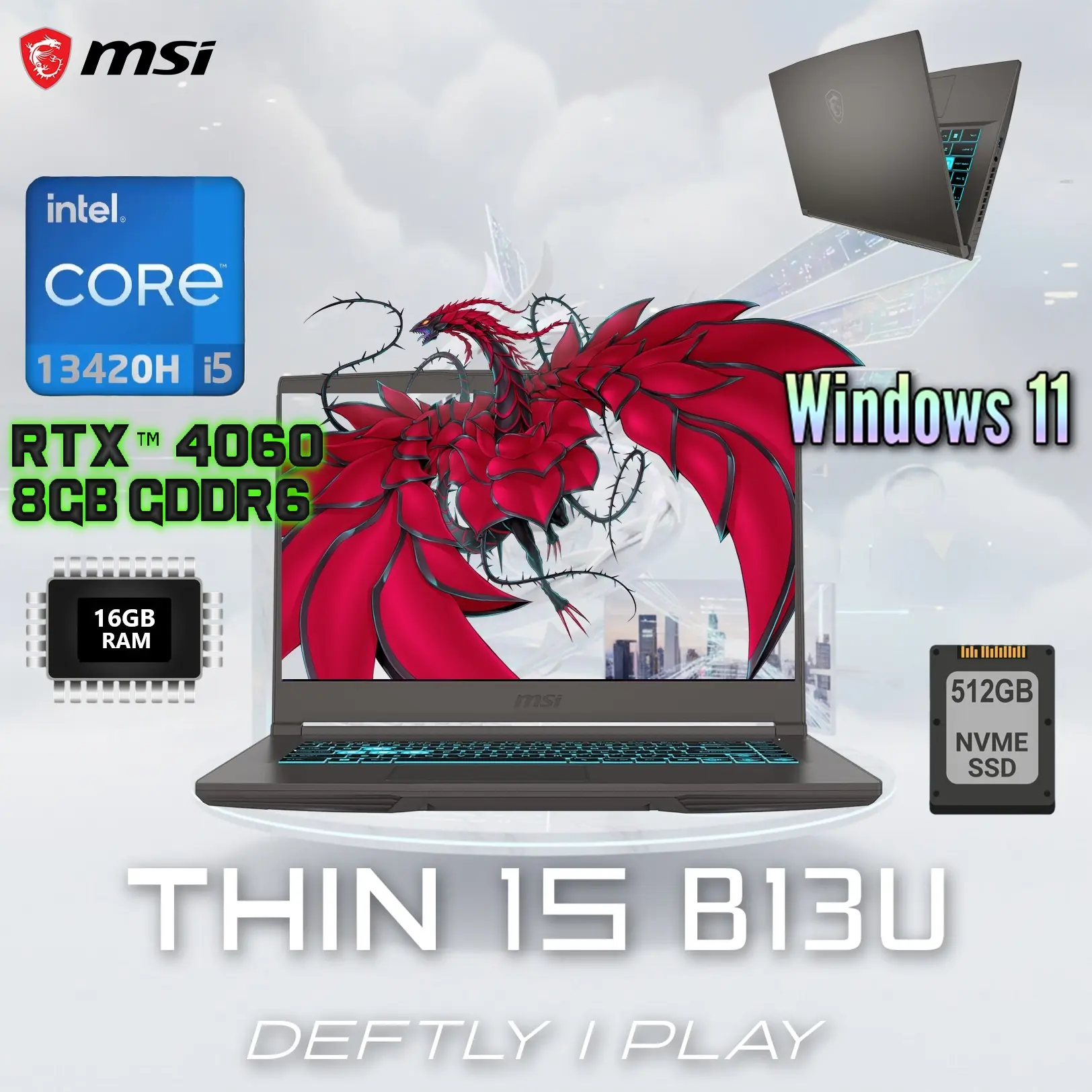 9S7-16R831-2830 REFURBISHED-MSI THIN 15 B13VF-2830US I5-13420H 16GB DDR4 RAM/512GB SSD/15.6" FHD 144HZ/RTX  MSI THIN 15 B13VF Intel® Core i5-13420H | 16GB DDR4 RAM ; 512GB NVMe SSD | RTX 4060 (8GB) | 15.6-inch IPS Display 144 Hz | Blue Backlit Keyboard | Windows 11 | Cosmos Grey ~ FACTORY REFURB