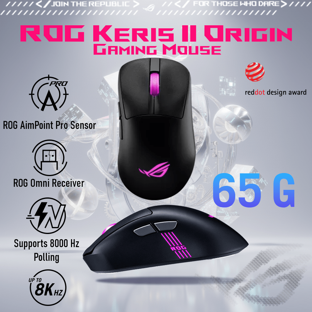 90MP04A0-BMAA00 ASUS ROG KERIS II ORIGIN P722 RGB MOUSE ASUS ROG Keris II Origin Wireless Gaming Mouse – Right-Handed Ergonomic, 65g, Tri-Mode Connectivity, 42K DPI, up to 127Hr Battery, ROG AimPoint Pro Sensor RGB 3-Zone Lighting 8000Hz Polling Rate Paracord PTFE Feet, Web-Based Configuration, PC/Mac Support | BLACK ~ 90MP04A0-BMAA00