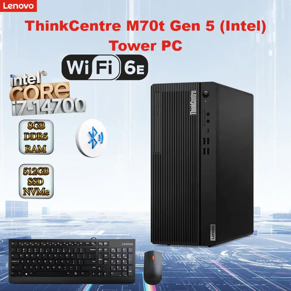12U60046GR LENOVO THINKCENTRE M70T GEN5 I7-14700/8GB DDR5 RAM/512GB NVME/DOS/KB LENOVO ThinkCentre M70t Gen 5 Desktop Intel® Core i7-14700 | 8GB DDR5 RAM ; 512 SSD NVMe® | Intel® UHD Graphics 770 | DOS | Intel® vPro® Enterprise | Wi-Fi® 6E + BT5.3 + Ethernet | Wired Mouse &  Keyboard Included | BLACK | 1 YEAR WARRANTY