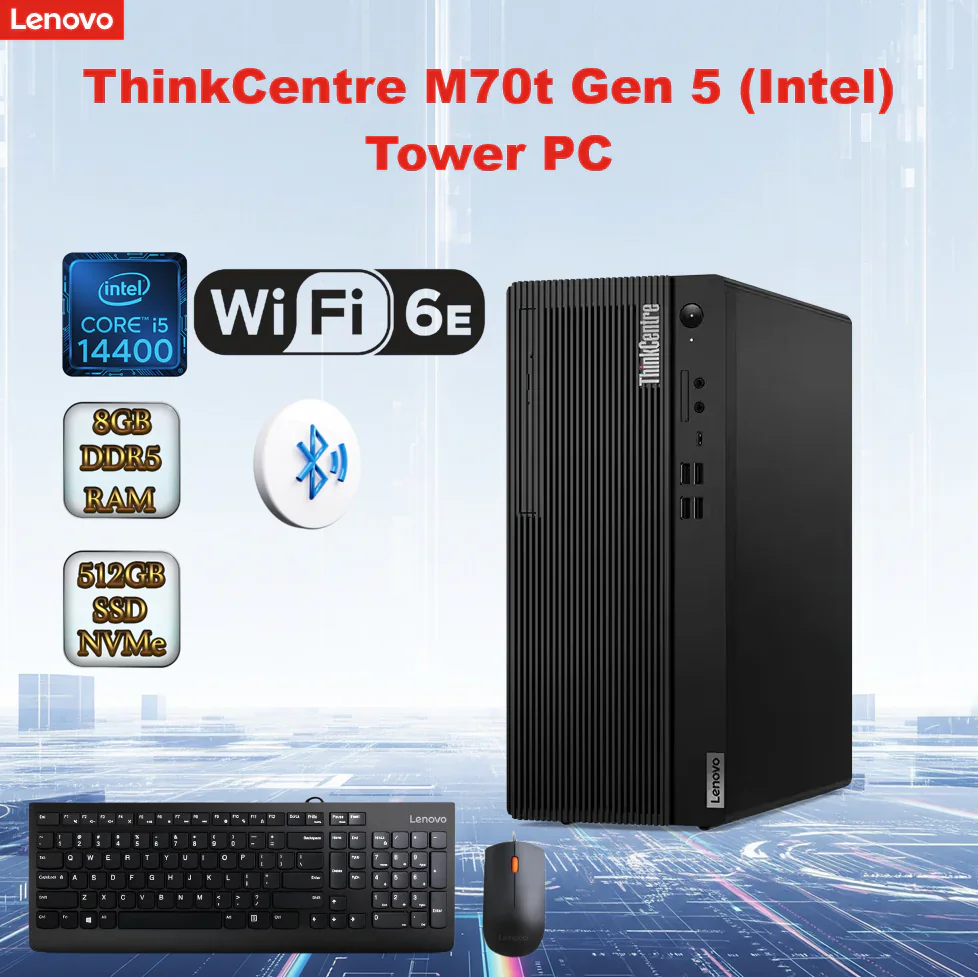 12U6006VGR THINK CENTRE M70T GEN 5 I5-14400/8GB DDR5 RAM/ 512GB NVME LENOVO ThinkCentre M70t Gen 5 Desktop Intel® Core i5-14400 | 8GB DDR5 RAM ; 512 SSD NVMe® | Intel® UHD Graphics 770 | DOS | Wi-Fi® 6E + BT5.3 + Ethernet | Wired Mouse &  Keyboard Included | BLACK | 1 YEAR WARRANTY