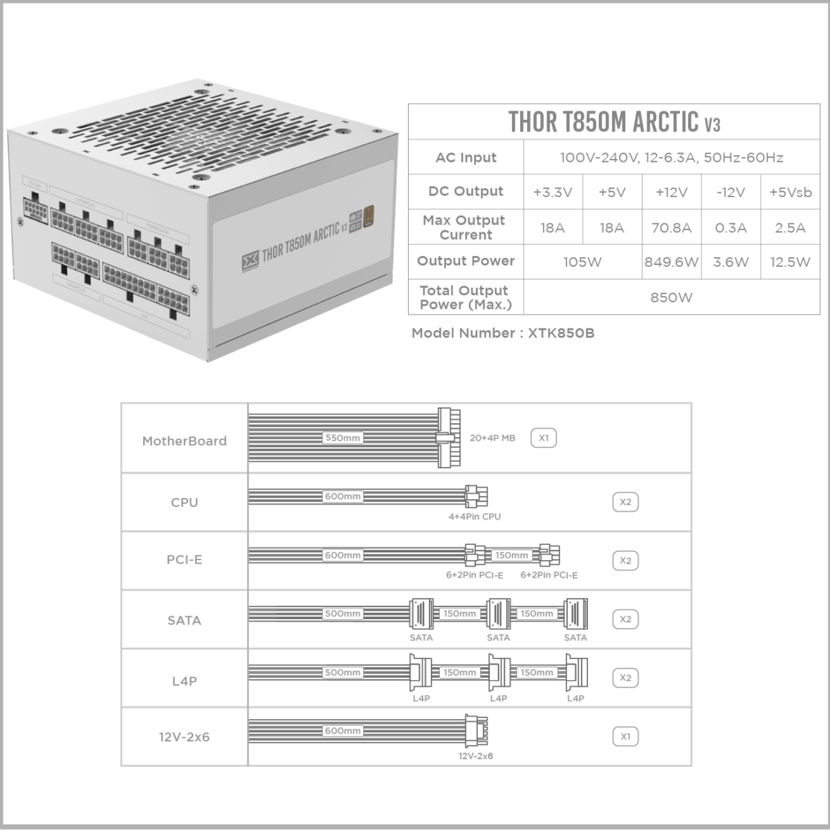 EN46537 XIGMATEK POWER SUPPLY 850W THOR T850M ARCTIC V3 BRONZE XIGMATEK Thor T850M Arctic V3 850W Power Supply – 80 Plus Bronze, Full Modular, 120mm Silent Fan, PCIe 5.1, Dual CPU, ATX 3.1, OPP/OVP/UVP Protection, EU Cord
