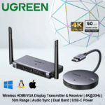 UGREEN-90909A UGREEN HDMI WIRELESS TR / RE 30M 4K 30HZ / 50M FHD 60HZ UGREEN 90909A Wireless HDMI/VGA Display Transmitter & Receiver Kit , 4K@30Hz , 50m Range , Audio Sync , Dual Band 2.4G/5G , USB-C Power , for Streaming up Video and Audio to Monitor from Laptop/PC/TV Box 