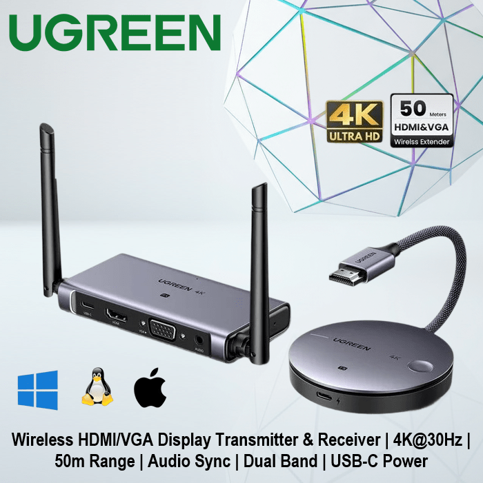 UGREEN-90909A UGREEN HDMI WIRELESS TR / RE 30M 4K 30HZ / 50M FHD 60HZ UGREEN 90909A Wireless HDMI/VGA Display Transmitter & Receiver Kit , 4K@30Hz , 50m Range , Audio Sync , Dual Band 2.4G/5G , USB-C Power , for Streaming up Video and Audio to Monitor from Laptop/PC/TV Box 