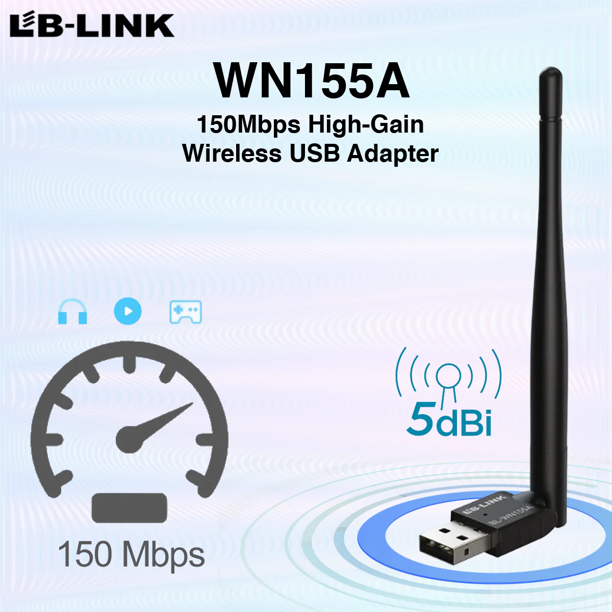 LB-LINK-BL-WN155A LB LINK 150MBPS HIGH GAIN WIRELESS USB ADAPTER LB-LINK WN155A 150Mbps High-Gain Wireless USB Adapter | Realtek 8188 Chipset | 5dBi Antenna | Wi-Fi 4 802.11n | Secure WPA2 | Plug & Play for Desktop & Laptop