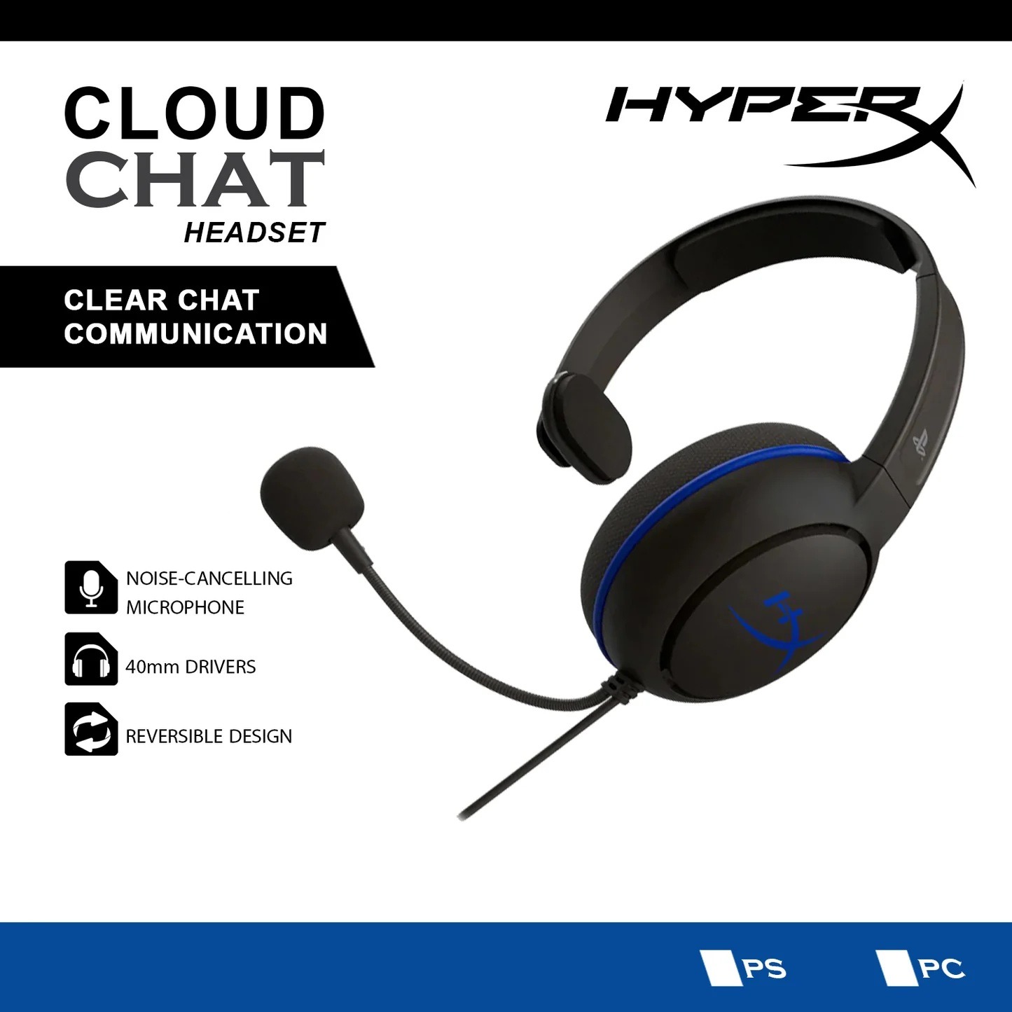 HyperX Cloud Chat Headset – 40mm Drivers, Noise-Cancelling Mic, Reversible Design, In-Line Controls, Lightweight 123g Build, Official PS4/PS5 Licensed Gaming Chat Headset