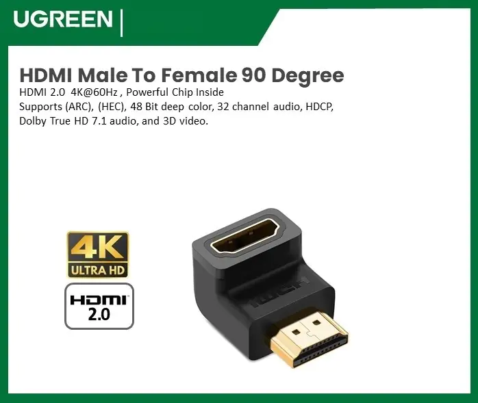 UGREEN HDMI 4K Male to Female 90° Up-Angled Adapter – Right Angle HDMI Connector for TV, Monitor, PS5, Xbox, Laptop, Projector | 4K@60Hz Support, Gold-Plated Plug (Copy)