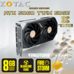ZT-B50600H-10M ZOTAC RTX 5060 TWIN EDGE 8GB GDDR7 FIRE STORM ZOTAC GAMING GeForce RTX 5060 Twin Edge OC GPU With 8GB GDDR7, DLSS 4, 3840 CUDA Cores, 2527 MHz Engine Boost, PCIe 5.0, Twin 90mm Fans, Blackwell Architecture, Ray Tracing, Compact 2-Slot Design