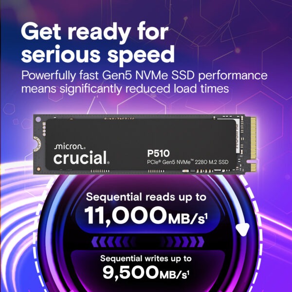 CT1000P510SSD8 CRUCIAL M.2 NVME P510 1TB 11000MB/S Crucial P510 1TB Gen5 NVMe SSD, Up to 11,000 MB/s, PCIe 5.0 M.2 2280 SSD, Internal Solid State Drive, Compatible with Laptop, Desktop, +Acronis Software - CT1000P510SSD8