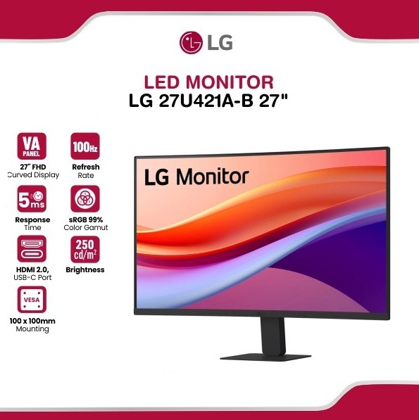 d6579 LG 27" U4 FHD Curved Monitor – 100Hz VA Panel, USB-C 15W PD, sRGB 99%, 1500R Curvature, HDR10, Flicker Safe, Reader Mode, Dynamic Action Sync, Slim Stand, HDMI & Tilt Adjustment - Image 1