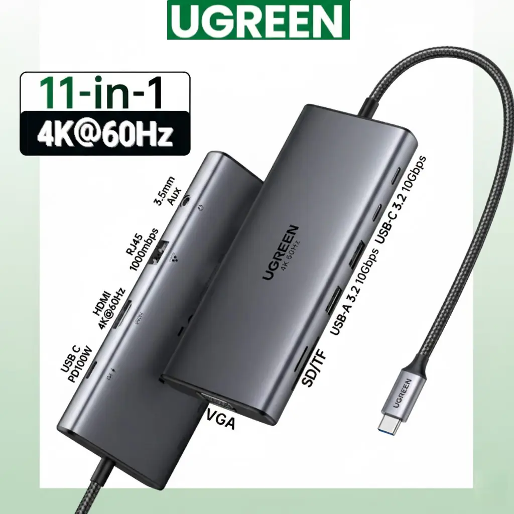 UGREEN CM639 11-in-1 USB-C Docking Station | Dual 4K Display HDMI + VGA | 100W PD Fast Charging | 10Gbps USB-C/A | Gigabit Ethernet | SD/TF Reader | Audio Jack | Plug & Play