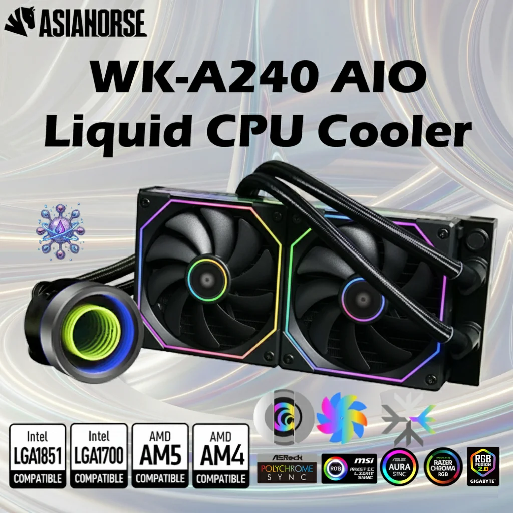 WK-A240-BLACK ASIAHORSE INFINITY MIRROE 240MM 2xFAN RGB CPU LIQUID COOLER LCD BLACK ASIAHORSE WK-A240 AIO Liquid CPU Cooler -   Dual 120mm Fans with ARGB Frame - 3200RPM Pump - 240mm Radiator -  ARGB Infinity Mirror Pump  | BLACK 