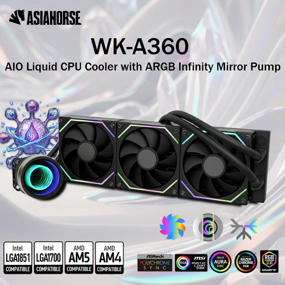 _xcbpygxcbpygxcbp (3) WK-A360-BLACK ASIAHORSE INFINITY MIRROR 360MM 3xFAN RGB CPU LIQUID COOLER LCD BLACK ASIAHORSE WK-A360 AIO Liquid CPU Cooler | Cylinder Infinity Mirror ARGB Pump, 360mm Radiator, 3x 120mm Fans With BLACK Blades & ARGB Strip Frame | BLACK