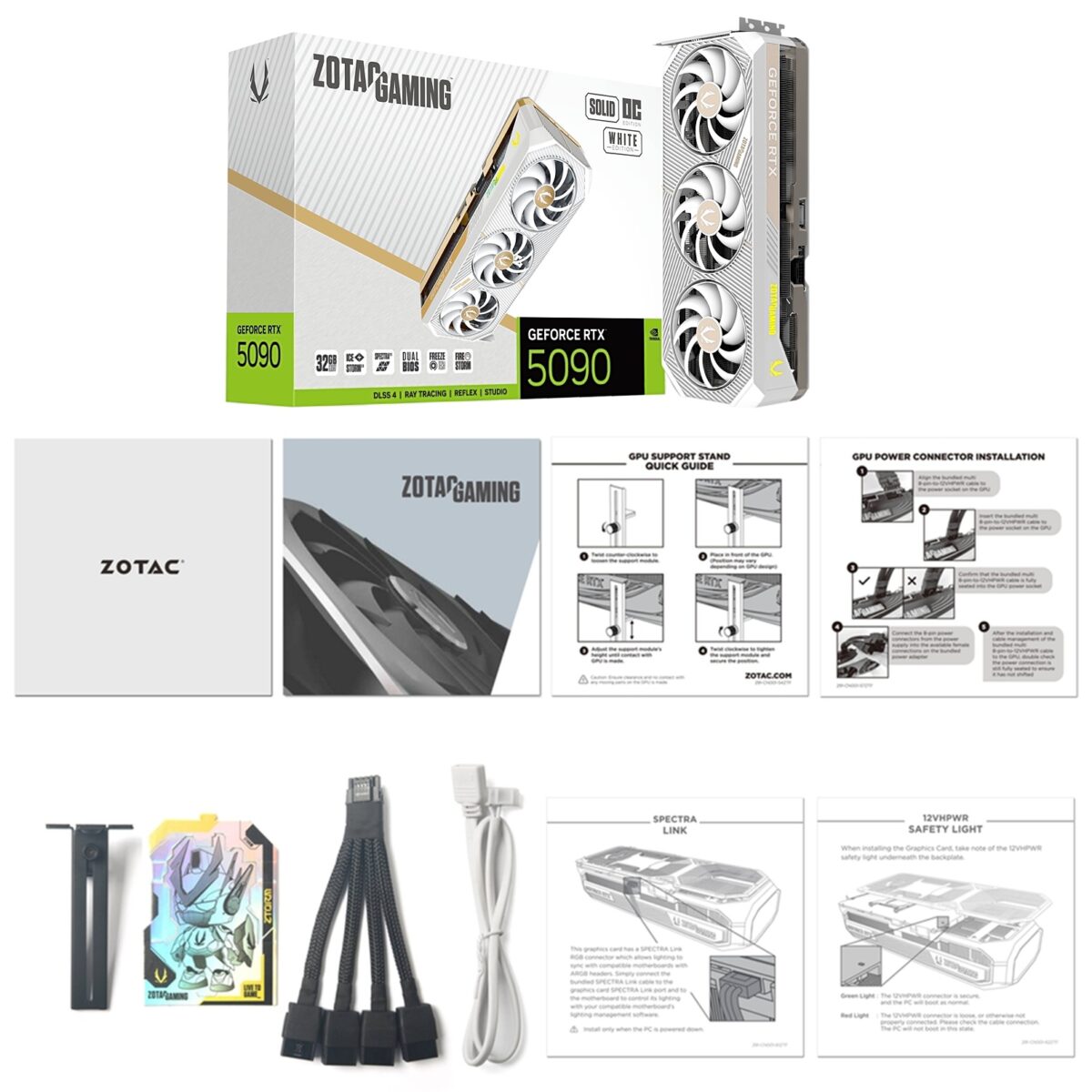 ZT-B50900Q-10P ZOTAC RTX 5090 SOLID OC 3X WHITE ZOTAC GAMING GeForce RTX 5090 SOLID OC White Edition – 32GB GDDR7, 21760 CUDA, 2422 MHz Engine Boost, Blackwell Architecture, DLSS 4 AI Power, IceStorm 3.0 Cooling, 4K 480Hz Mastery, And Spectra ARGB Style | WHITE ~ ZT-B50900Q-10P
