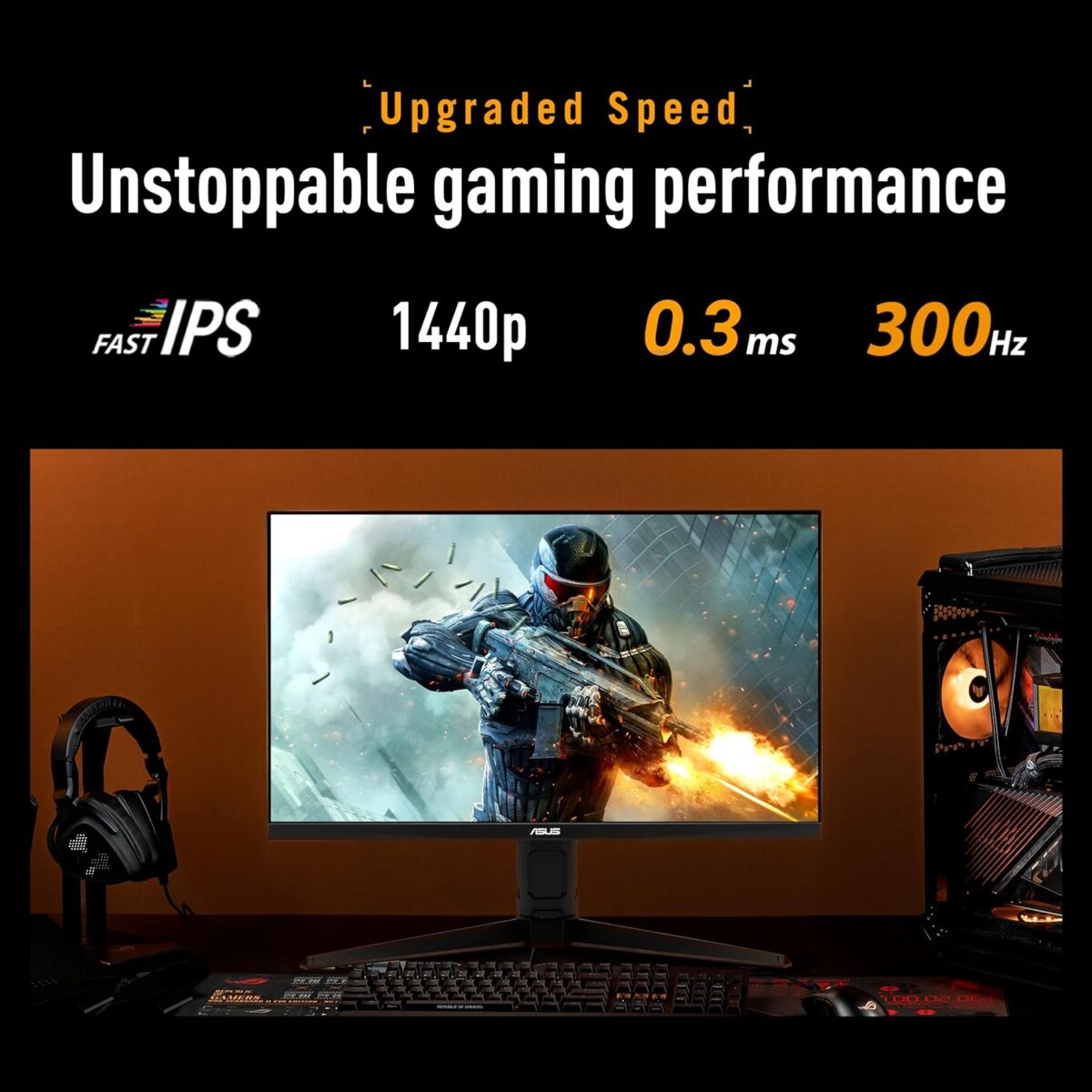 VG27AQML5A TUF Gaming Series 5 - VG27AQML5A Gaming Monitor – 27-inch QHD Fast-IPS panel, 300Hz, 0.3ms , G-SYNC® compatible AMD FreeSync Premium, ELMB SYNC, VESA DisplayHDR 400, 95% DCI-P3, DisplayWidget Center, Gaming AI , Tilt - Swivel - Pivot - Height Adjustment