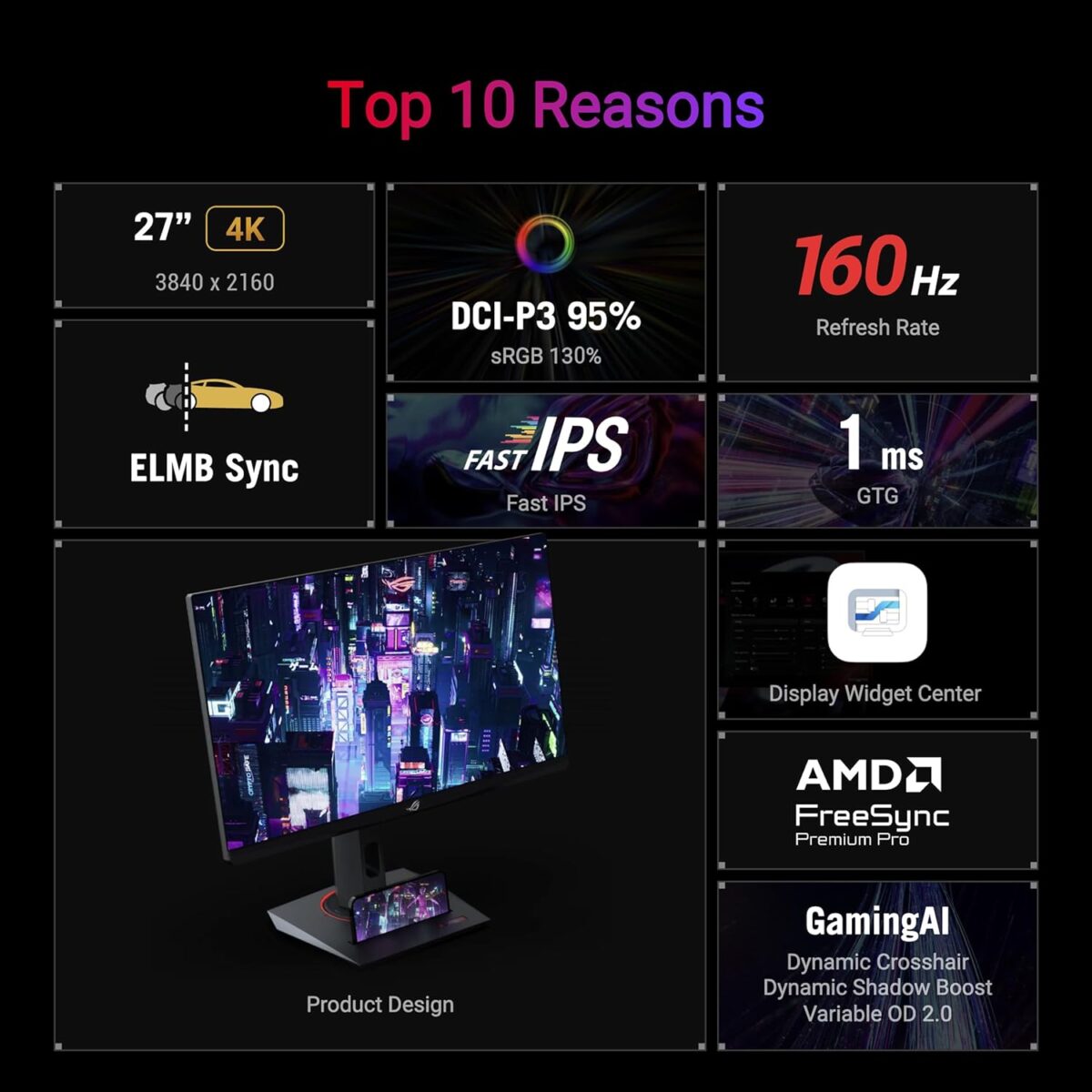 XG27UCS ASUS ROG Strix XG27UCS Gaming Monitor – 27-inch 4K UHD (3840x2160), 160Hz , 1ms GTG, Fast IPS, Extreme Low Motion Blur Sync, USB Type-C, G-Sync compatible, DisplayWidget Center, tripod socket, HDR, Fully Adjustable Stand 