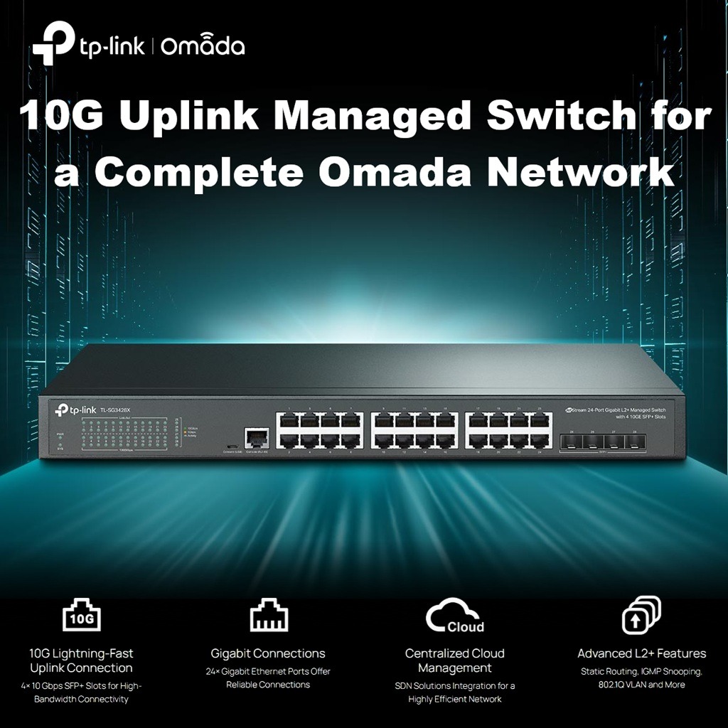 TL-SG3428X JETSTRESM 24-PORT GIGABIT MANAGED SWITCH WITH 4 10GE JetStream TL-SG3428X 24-Port Gigabit L2+ Managed Switch With 4× 10GE SFP+ Slots, Omada SDN Cloud Management, Static Routing, Advanced Security, QoS & IPv6 Support