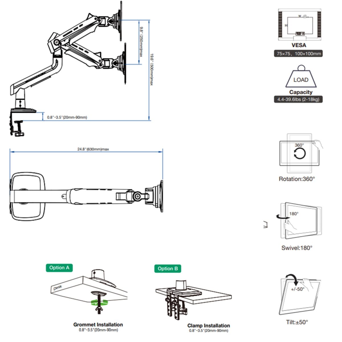 NB-A5 NB A5 Gaming Monitor Arm – Supports 27" to 50" NB A5 Gaming Monitor Arm For 27″–50″ For  Flat - Ultrawide - Curved Displays ; 18KG Max Load ; 360° Rotation ; Ergonomic Mechanical Spring Arm ; C-Clamp & Grommet Mount With Cable Management