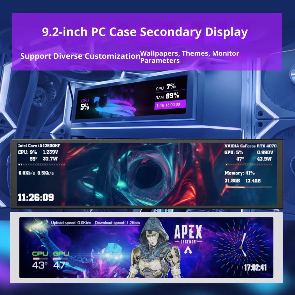 MIRABOX-D92 9.2" LCD SECONDARY SCREEN MINI DISPLAY ON PC CHASSIS Stretched Bar LCD 9.2-Inch Secondary Display for Gaming PC Case With 1920×462 Resolution, Aluminum Alloy Housing, USB Direct Connection, Theme Customization, Screen Rotation, Video Playback Support | BLACK ~ MIRABOX-D92