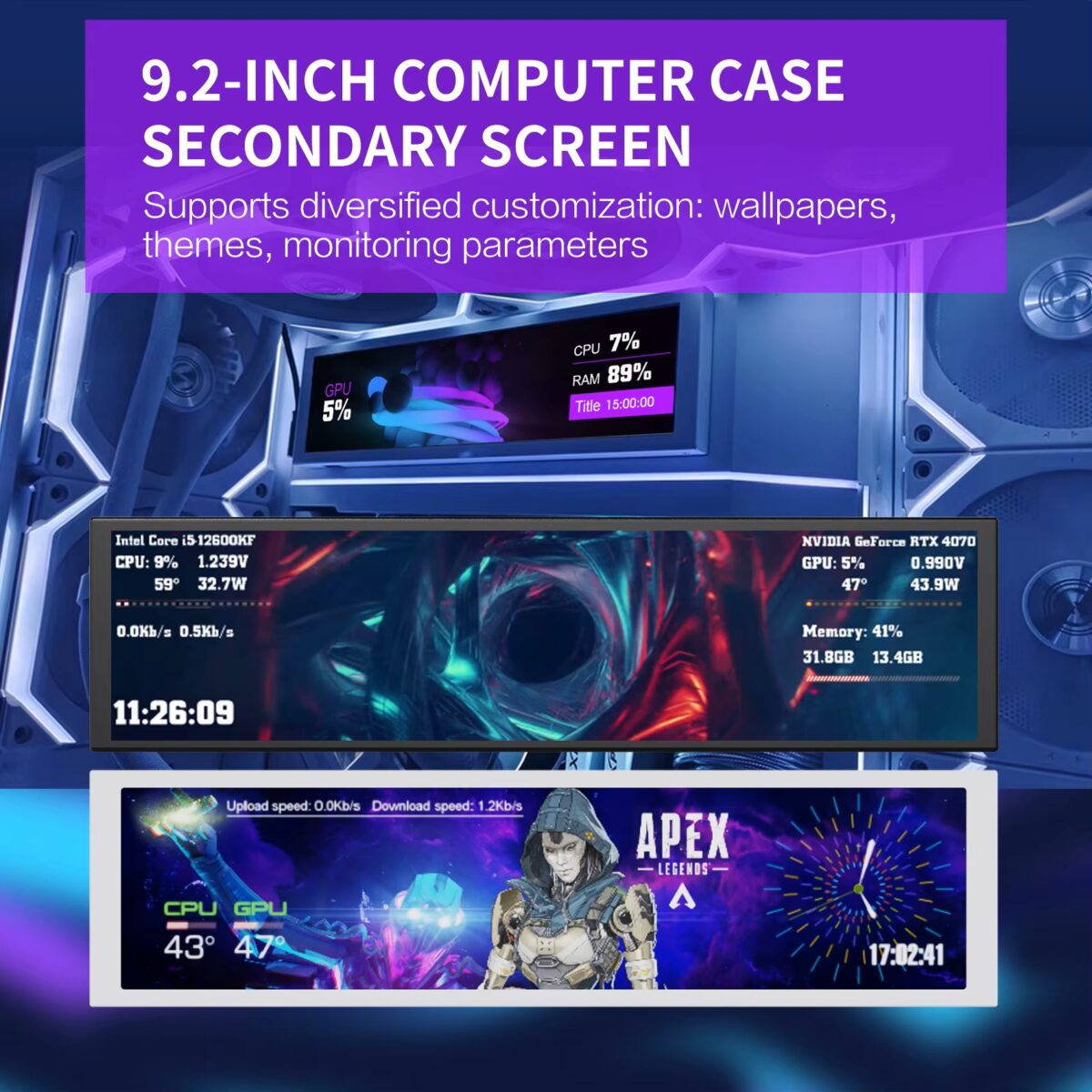 MIRABOX-D92 9.2" LCD SECONDARY SCREEN MINI DISPLAY ON PC CHASSIS Stretched Bar LCD 9.2-Inch Secondary Display for Gaming PC Case With 1920×462 Resolution, Aluminum Alloy Housing, USB Direct Connection, Theme Customization, Screen Rotation, Video Playback Support | BLACK ~ MIRABOX-D92