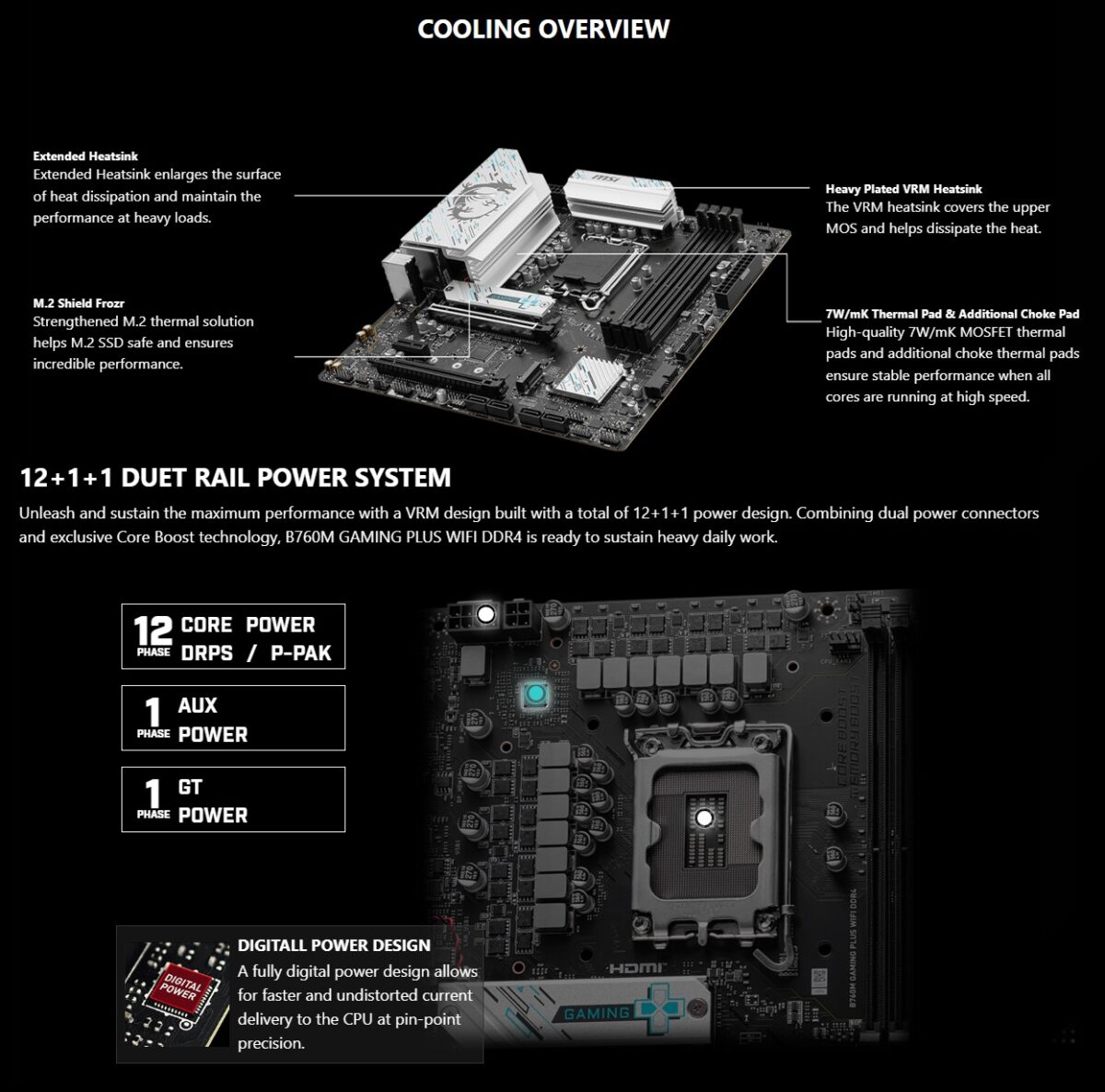 B760M-GAMING-PLUS-WIFI-DDR4 B760M GAMING PLUS WIFI DDR4 MSI B760M Gaming Plus WiFi DDR4 Motherboard – Intel 14th/13th/12th Gen Support, Wi-Fi 6E, 2.5G LAN, PCIe 4.0, Dual M.2, DDR4 5333+ MHz, Audio Boost, mATX, Core Boost Power Design