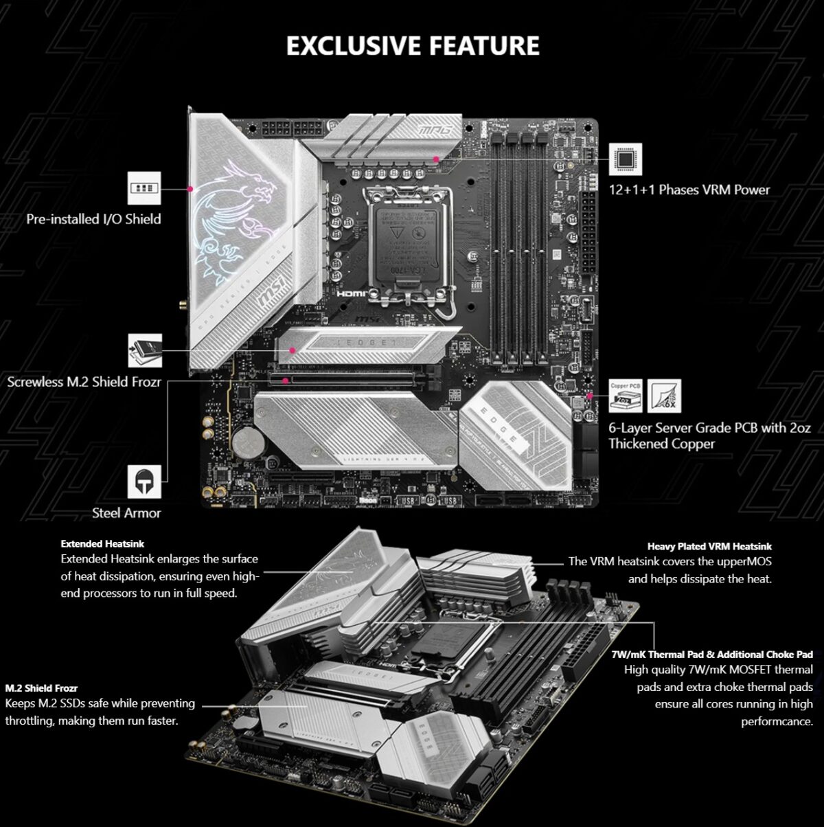 MSI B760M-EDGE-TI-WIFI MPG B760M EDGE TI WIFI MSI MPG B760M Edge Ti WiFi DDR5 mATX Motherboard – Intel 14th/13th/12th Gen, PCIe 5.0, 3x M.2 Gen4, Wi-Fi 6E, 2.5G LAN, DDR5 7800+(OC), Mystic Light RGB, Core Boost Power Design