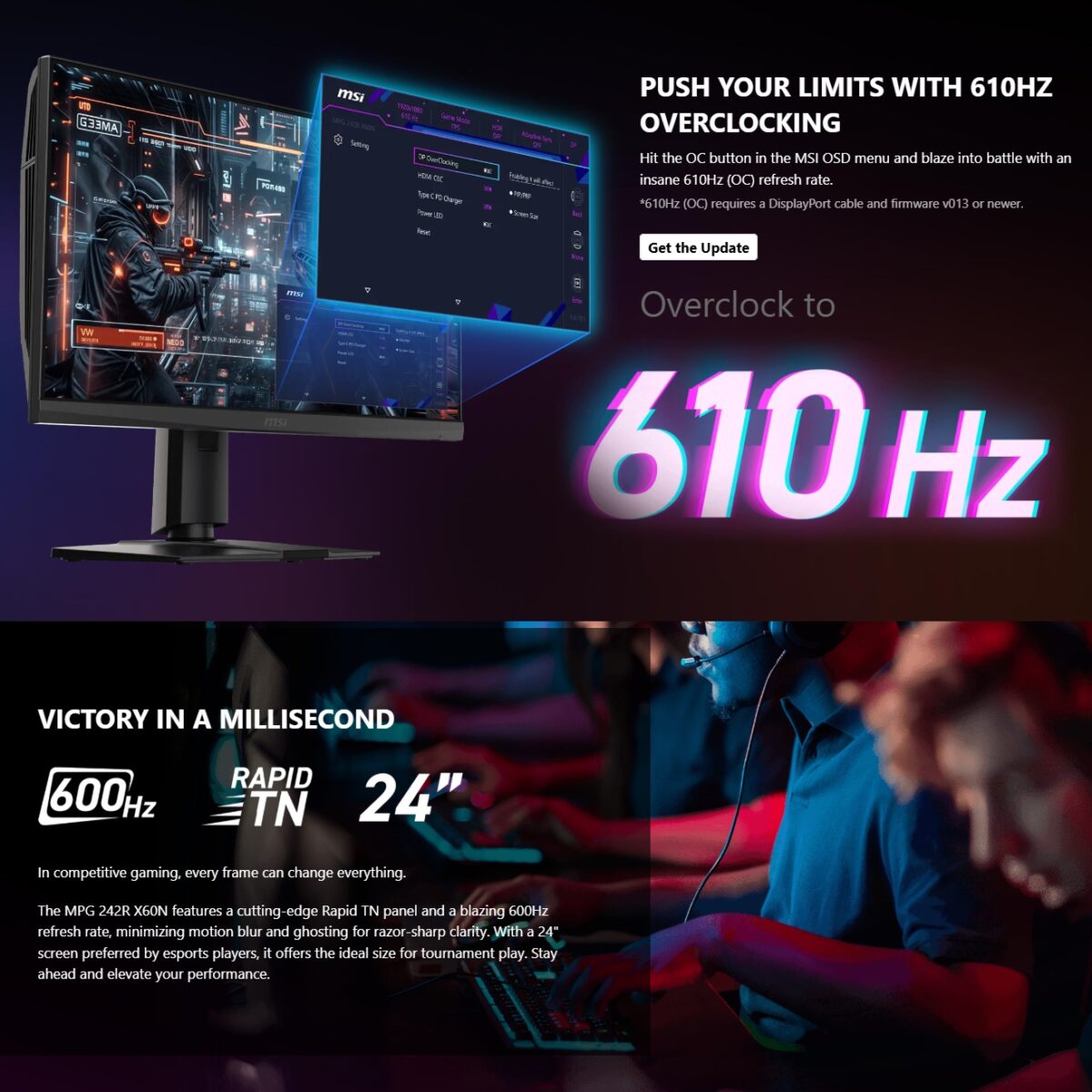 MPG 242R X60N MSI MPG 242R X60N 24-inch FHD Rapid TN Gaming Monitor , 600Hz Refresh, 0.1ms GtG, AMD FreeSync Premium, VESA DisplayHDR 400, USB Hub, HDMI 2.1, DP 1.4, Type-C 98W PD