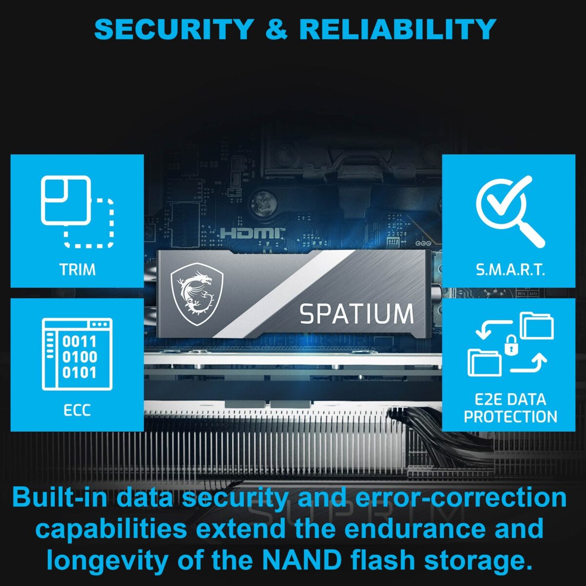 MSI-SPAT-M580-FRO-2T MSI SPATIUM M580 FROZR 2TB GEN5 PCIE 5.0 MSI SPATIUM M580 PCIe 5.0 NVMe M.2 2TB FROZR SSD With TOWERED FROZR HEATSINK & Core Pipes , PHISON E26 Controller, 14,600MB/s Read, 12,700MB/s Write, 4GB DRAM, 3D NAND, AES256 Encryption 