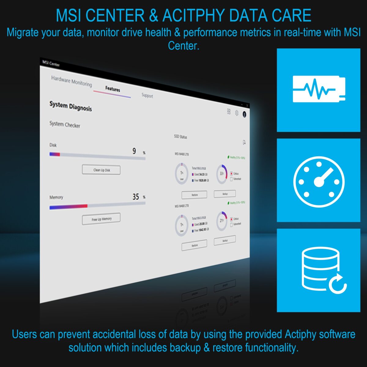 MSI-SPAT-M580-FRO-2T MSI SPATIUM M580 FROZR 2TB GEN5 PCIE 5.0 MSI SPATIUM M580 PCIe 5.0 NVMe M.2 2TB FROZR SSD With TOWERED FROZR HEATSINK & Core Pipes , PHISON E26 Controller, 14,600MB/s Read, 12,700MB/s Write, 4GB DRAM, 3D NAND, AES256 Encryption 