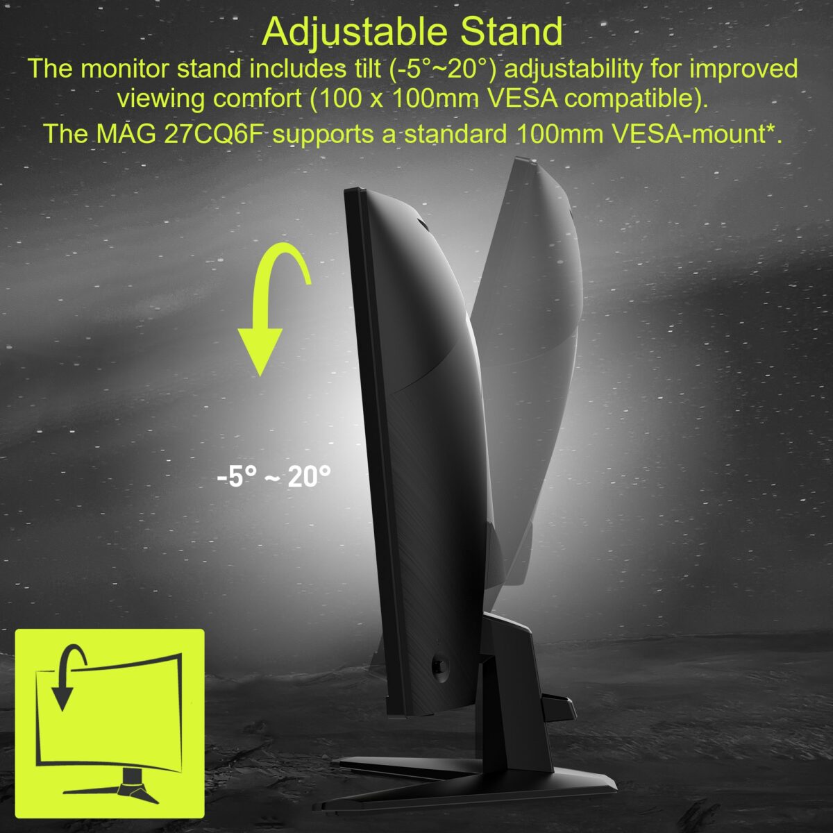 9S6-3CD91M-002 MSI MAG 27CQ6F 27" VA CURVED WQHD 180HZ 1MS-BLACK MSI MAG 27CQ6F 27" WQHD 180Hz 0.5ms Curved Gaming Monitor With Rapid VA Panel, Adaptive-Sync, HDR Ready, AI Vision, HDMI CEC & Tilt Adjustable Stand 