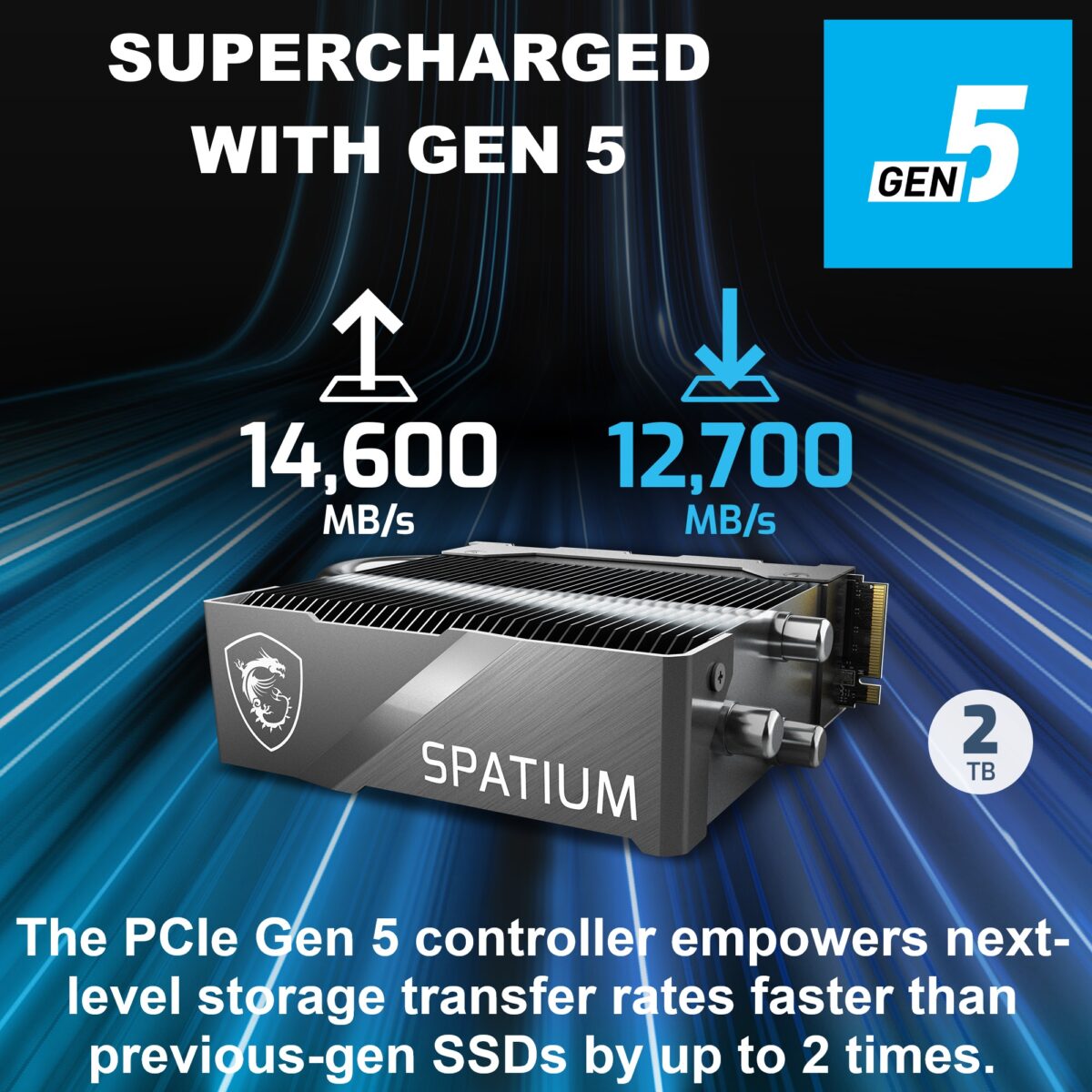 MSI-SPAT-M580-FRO-2T MSI SPATIUM M580 FROZR 2TB GEN5 PCIE 5.0 MSI SPATIUM M580 PCIe 5.0 NVMe M.2 2TB FROZR SSD With TOWERED FROZR HEATSINK & Core Pipes , PHISON E26 Controller, 14,600MB/s Read, 12,700MB/s Write, 4GB DRAM, 3D NAND, AES256 Encryption 